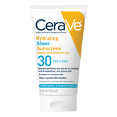 CeraVe Hydrating Sheer Sunscreen bottle front showing SPF 30 and hydrating formula.
