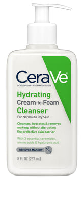 CeraVe limpiador crema-espuma en botella, limpieza suave y hidratación sostenida.