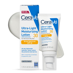 Loción hidratante CeraVe con SPF 30 sobre la botella, ofrece hidratación ligera y acabado mate.