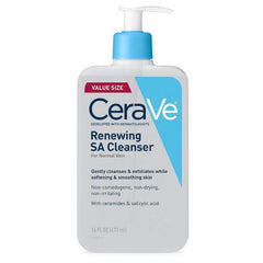 CeraVe Renewing SA Cleanser en botella, limpieza suave para piel sensible.