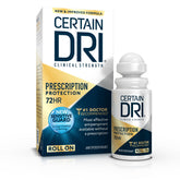 Certain Dri bottle-cap close-up showing fragrance-free formula for sensitive skin.