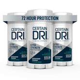Certain Dri Extra Strength Clinical bottle close-up with powder-fresh scent for all-day odor protection.