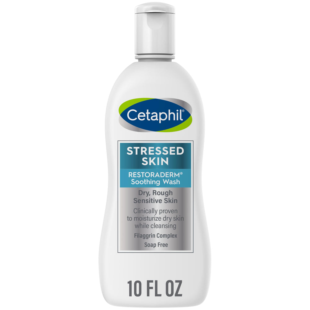 Cetaphil RESTORADERM bottle front showing the soothing wash for dry skin and its subtle branding
