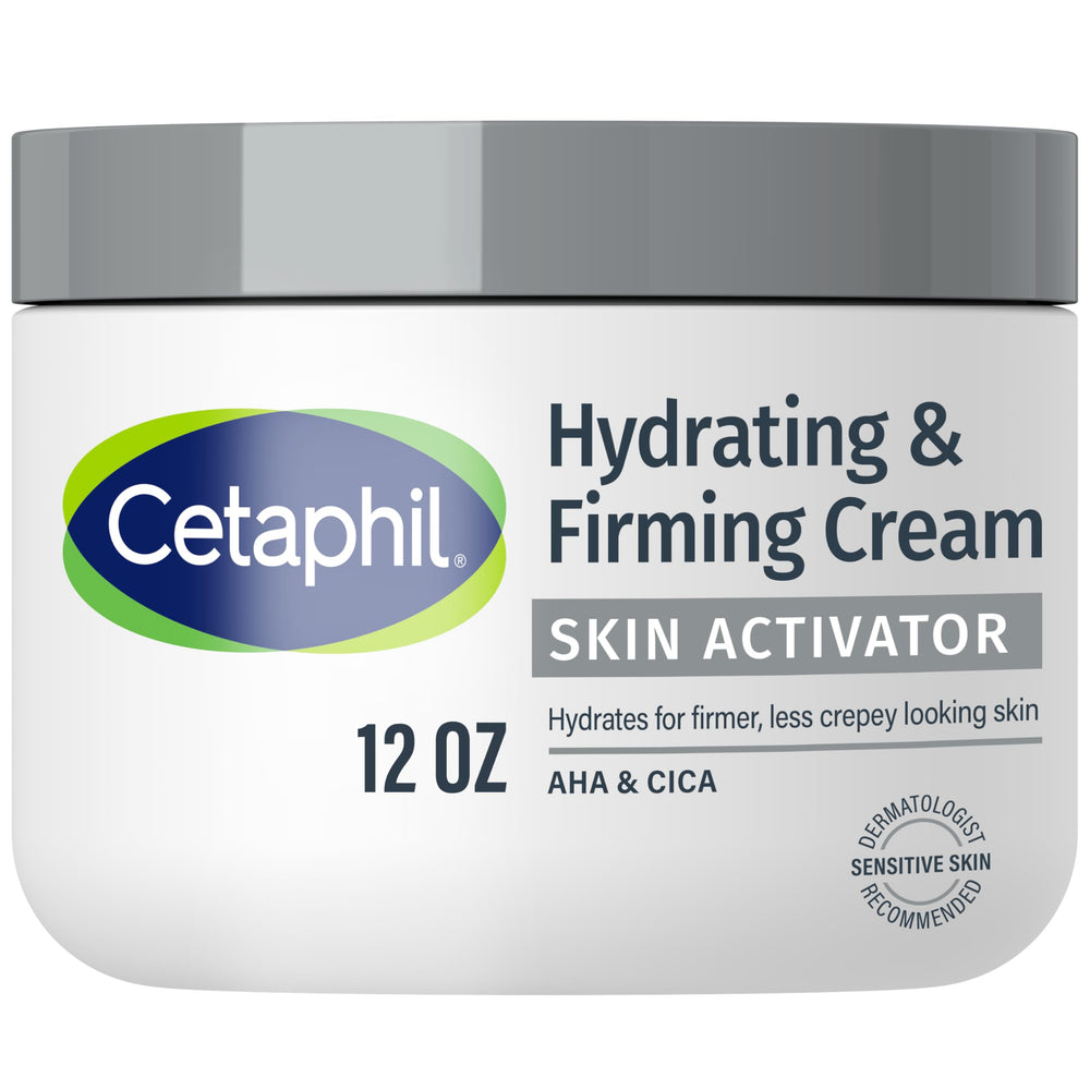 Cetaphil Skin Activator cream bottle highlights hydrating and firming benefits.