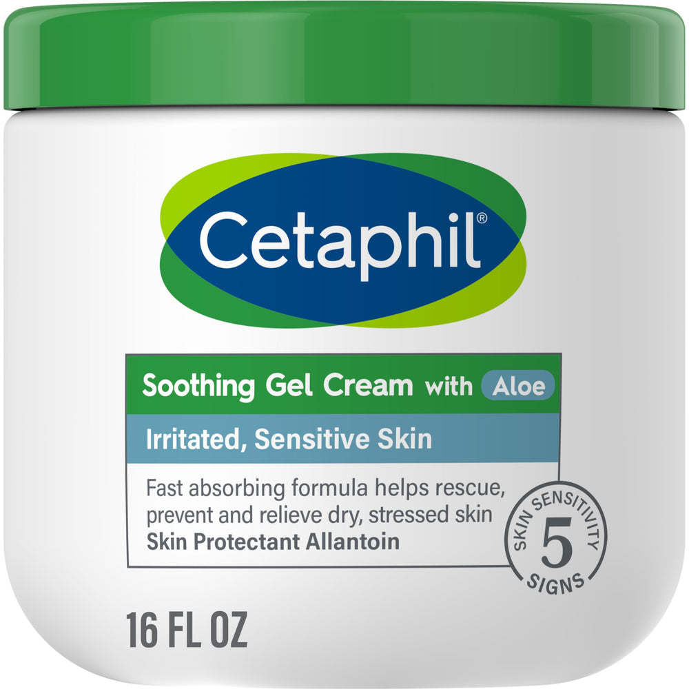 Cetaphil Soothing Gel-Cream with Aloe jar shows lightweight hydration for sensitive skin.