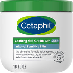 Cetaphil Soothing Gel-Cream with Aloe jar shows lightweight hydration for sensitive skin.