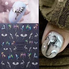 CEWEWP diseño Halloween plateado, murciélago-dragón para uñas con acabado metalico.