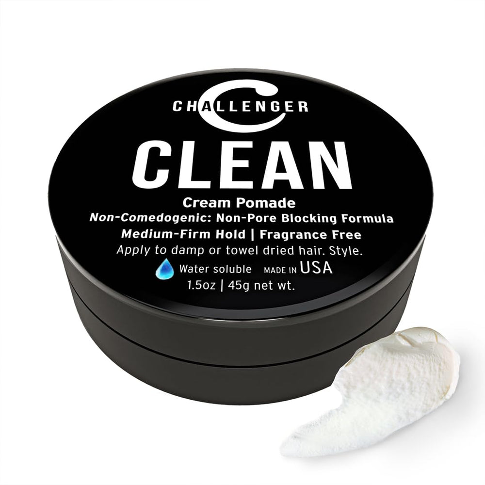Challenger Crema Pomada sin fragancia, botella 1.5oz, acabado natural para look diario.