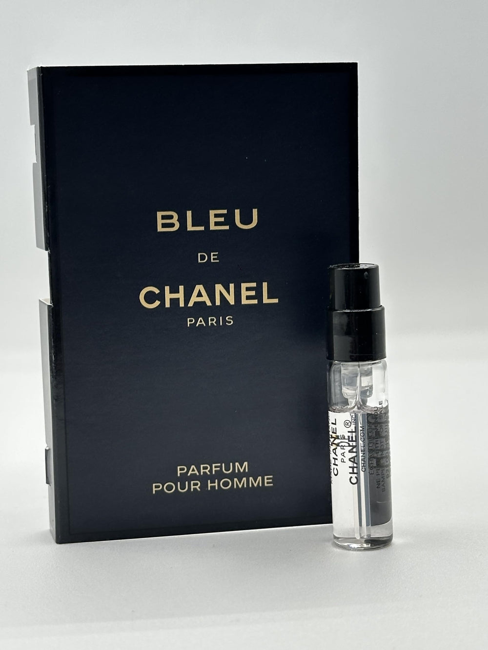 CHANEL Bleu de Parfum Pour Homme 1.5ml bottle close-up, scent preview for testing