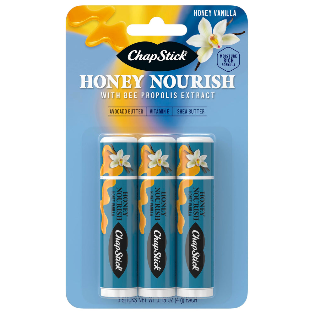 ChapStick Honey Nourish lip balm tube shows honey-nourish texture for daily moisture and comfort