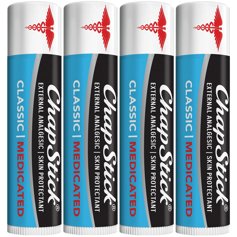 ChapStick Medicated Lip Balm 4-pack packaging displaying hydration and protection