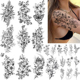 CHARLENT rosas grandes: tatuaje temporal de negro intenso para looks llamativos y duraderos.
