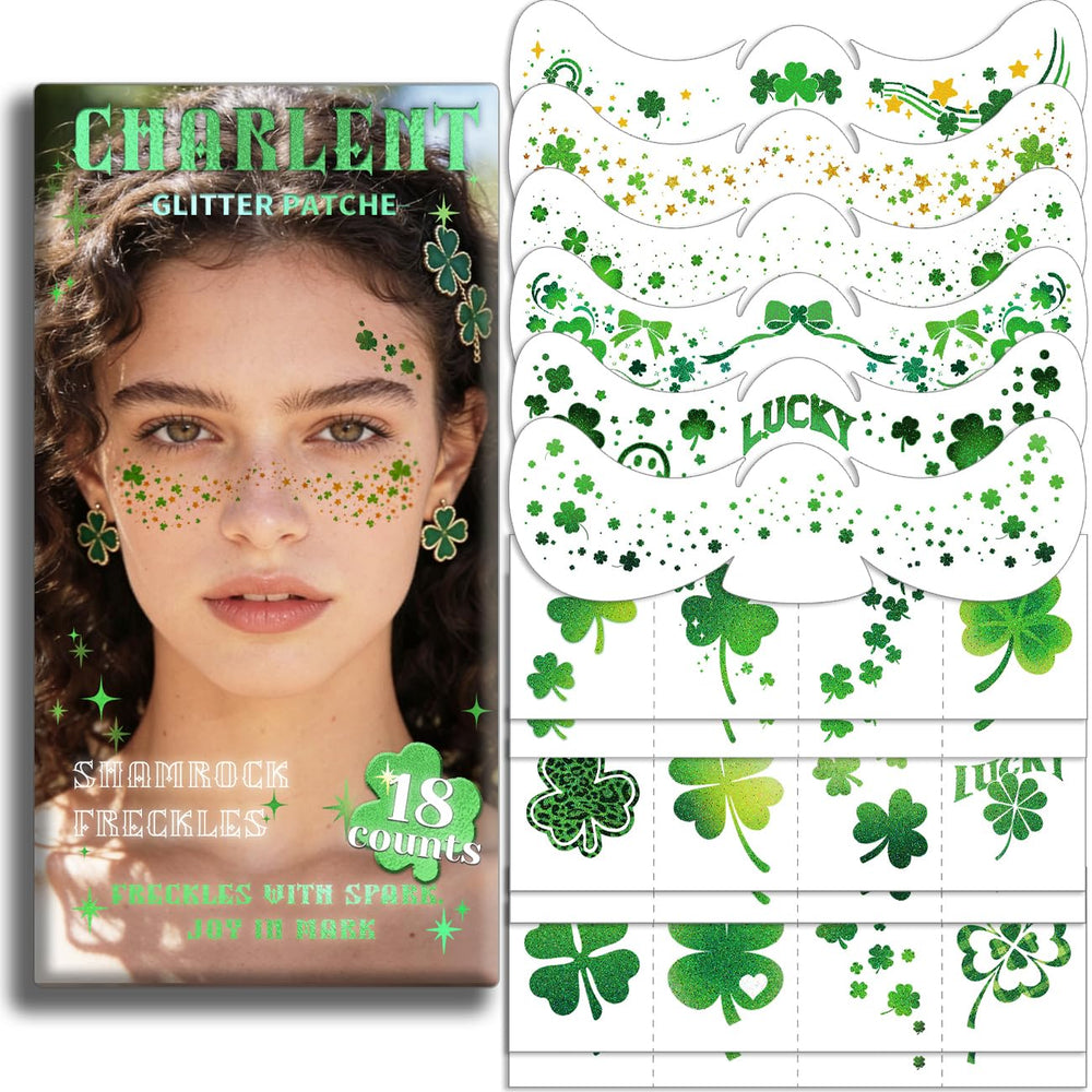 CHARLENT tatuajes de pecas brillantes con treboles, ideal para looks festivos duraderos.