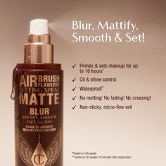 Fine mist from the Charlotte Tilbury bottle delivers a hydrating, pore-blurring finish.