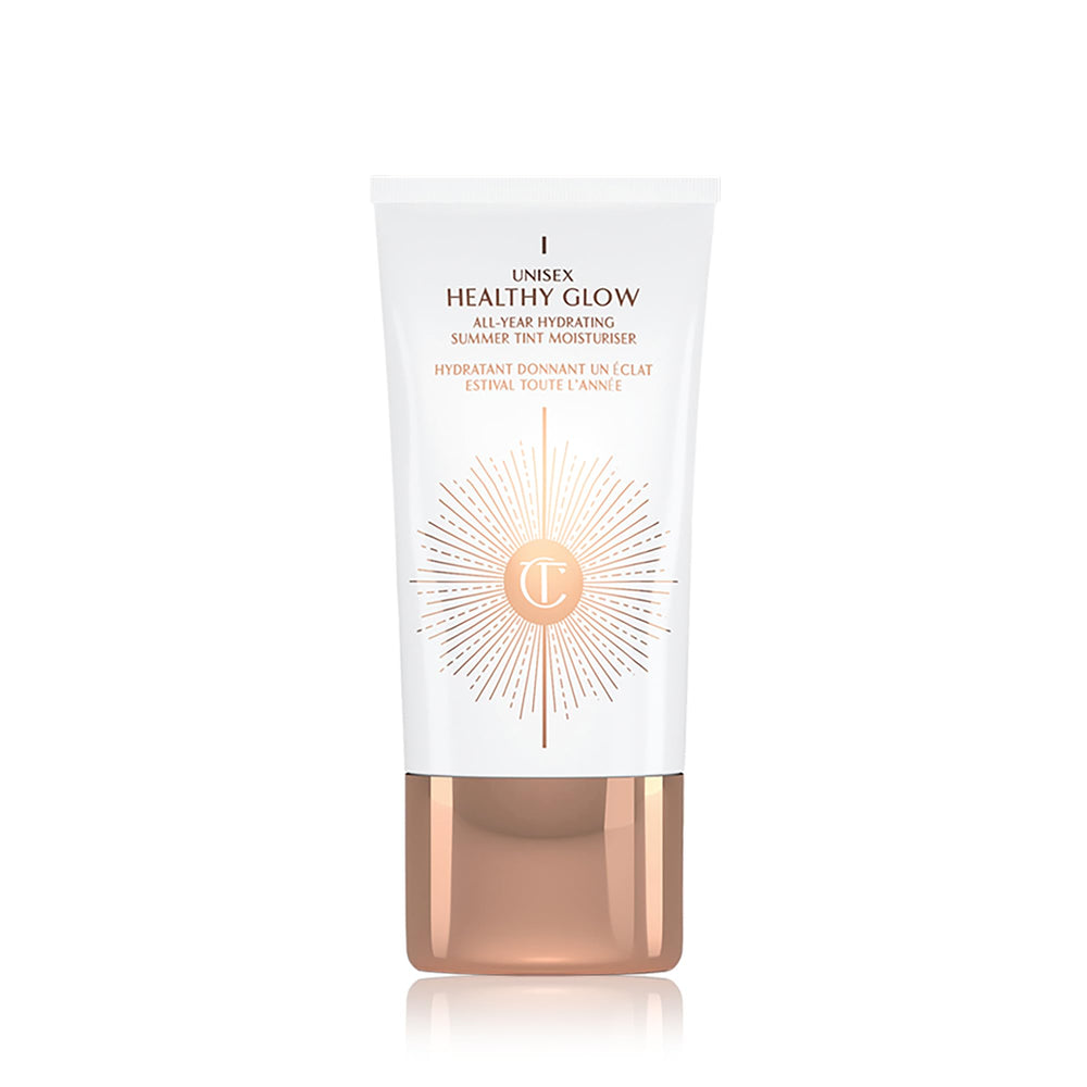 Charlotte Tilbury Healthy Glow Skin Tint bottle close-up showing soft radiance and bronzed warmth