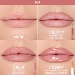 Lip Cheat Contour Duo fills lips with creamy shade for natural color.