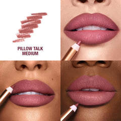 Charlotte Tilbury Lip Cheat Pillow Talk Medium pencil-tip closeup showing precise lip line.