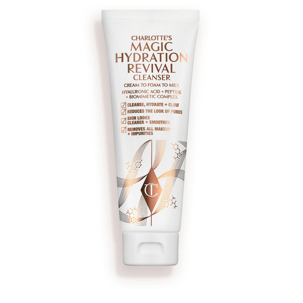 Charlotte Tilbury Magic Hydration Revival Cleanser bottle closeup for hydrating cleansing.