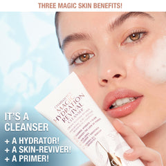 Foam texture of Charlotte Tilbury Magic Hydration Revival Cleanser demonstrates gentle cleansing.