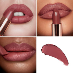 Charlotte Tilbury Pillow Talk Medium swatch on skin, warm nude-pink tone for versatile looks.