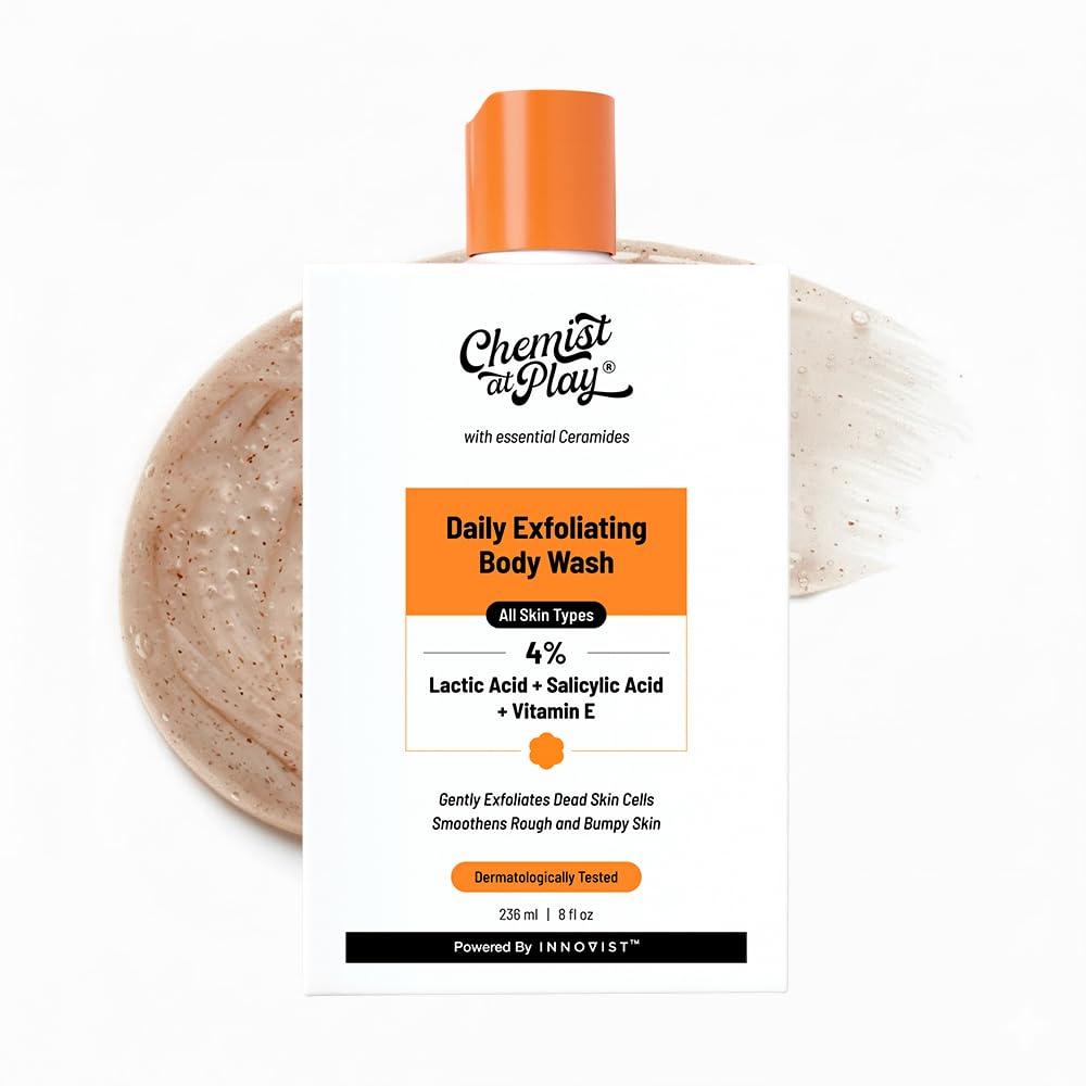 Chemist at Play gel exfoliante para cuerpo en botella, limpieza profunda para la piel.