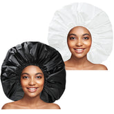 CHFONG super jumbo shower cap in black and white protects hair during showers