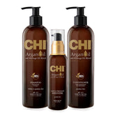 CHI Argan Oil Shampoo bottle delivering smoothing hydration for glossy, manageable hair
