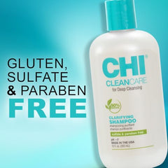 CHI CleanCare aloe vera y manzanilla azul en la etiqueta del champú