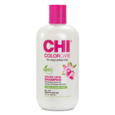 CHI ColorCare Color Lock Shampoo, botella derramando, ayuda a mantener el color vivo y suave.