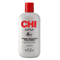 Chi Infra Tratamiento protectivo térmico en botella mostrando brillo sedoso.