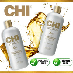 Chi Keratin line packaging close‑up emphasizing heat protection benefits