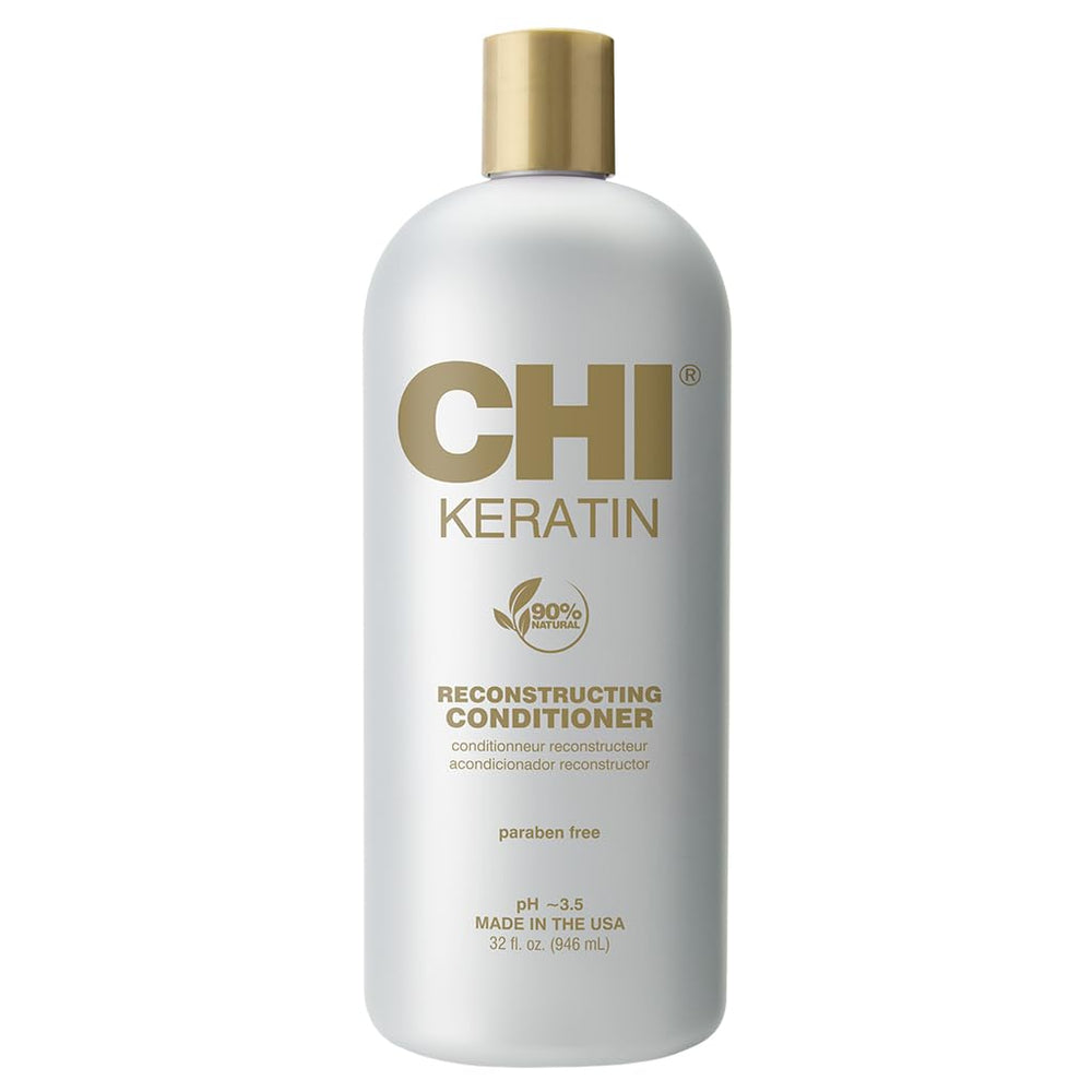 CHI Keratin Reconstructing Conditioner bottle on display highlighting nourishing keratin for healthier hair