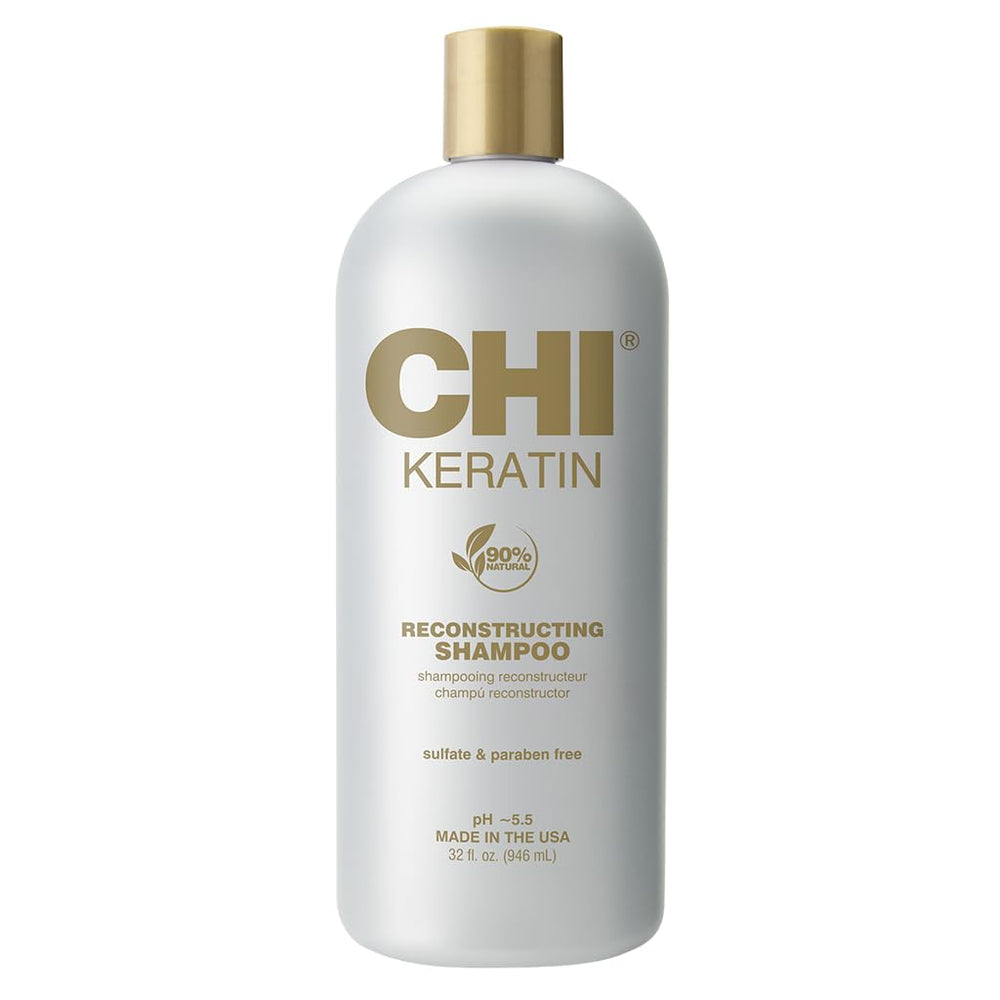 CHI Keratin Reconstructing Shampoo bottle shows sulfate-free formula for healthier hair