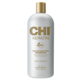CHI Keratin Reconstructing Shampoo bottle shows sulfate-free formula for healthier hair