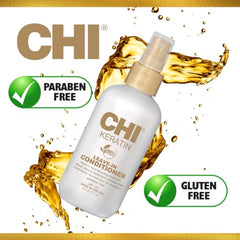 Aplicación uniforme de CHI Keratina sobre el cabello con rociador.