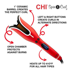 CHI Spin N Curl shows hair entering the curl chamber for uniform waves.