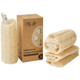 Chill Ah Green Glow loofah sponge set close-up showing natural texture and fibers.