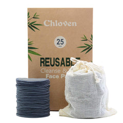Chloven charcoal bamboo reusable pads 25-pack in soft cloth for gentle makeup removal