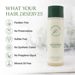 Christina Moss Naturals Shampoo bottle and rosemary sprig highlights clarifying benefits