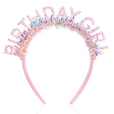 CIEHER birthday girl headband with pink glitter tiara for festive party styling