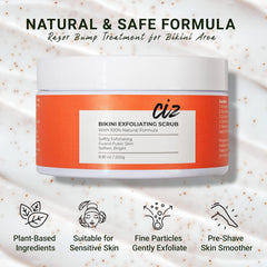 CIZ Bikini Area Exfoliator ingredients feature plant-based exfoliants and botanicals.