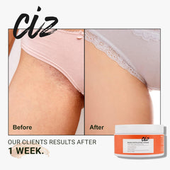 CIZ sugar scrub texture close-up highlights smooth bikini skin.