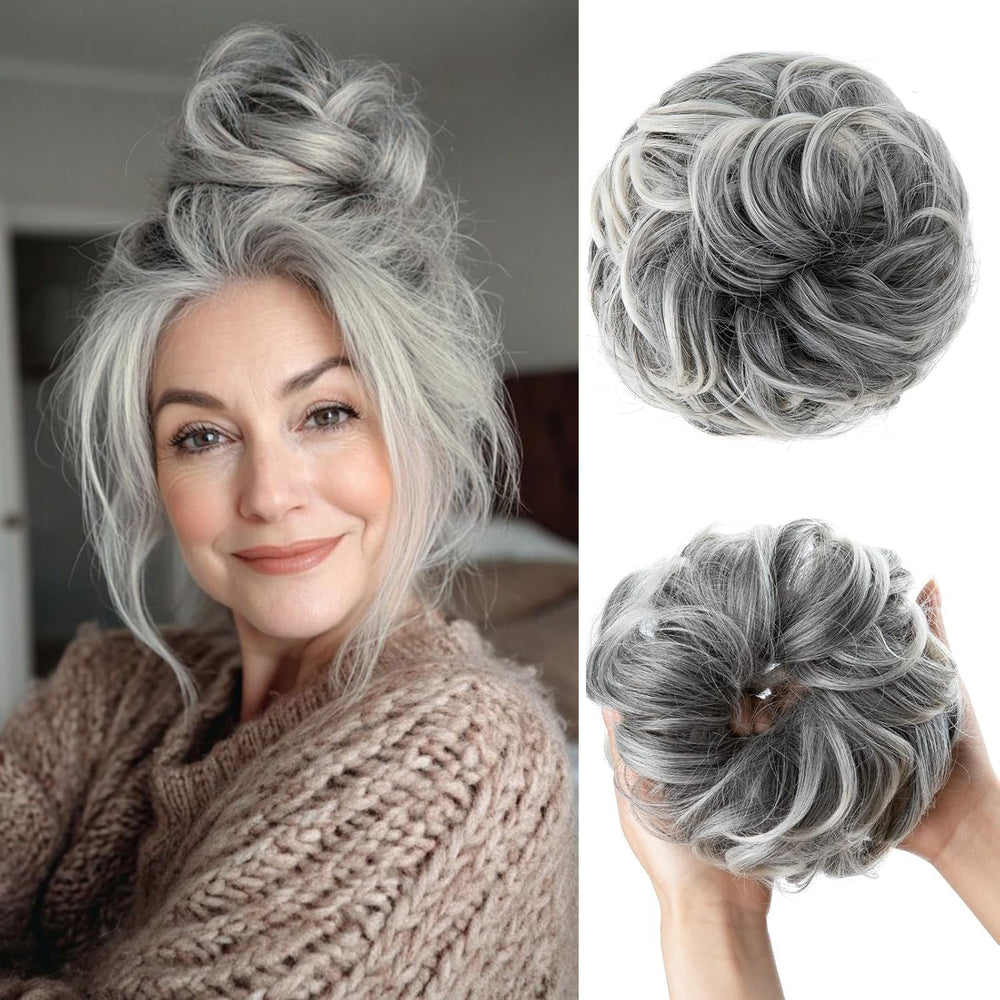 CJL HAIR large messy bun front view with voluminous waves for quick styling