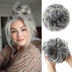 CJL HAIR large messy bun front view with voluminous waves for quick styling