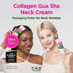 Stainless steel gua sha neck roller beside CKD neck cream for cooling massage