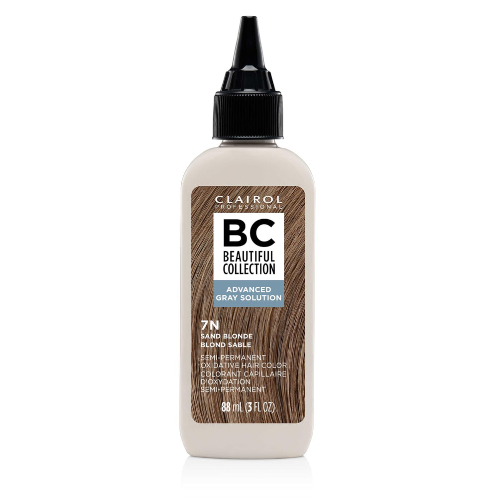 Clairol Professional Beautiful Collection Advanced Gray Solution 7N Sand Blonde bottle shows zero damage color
