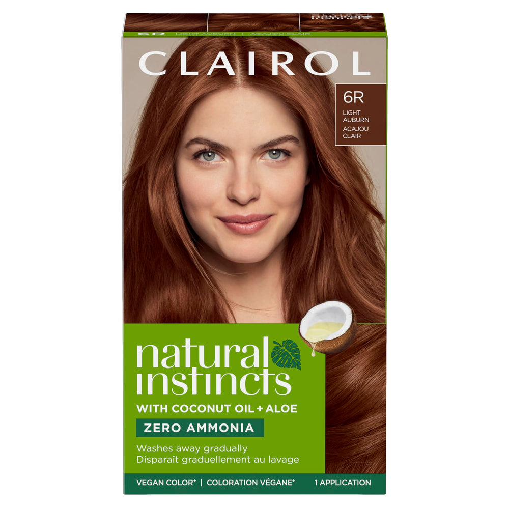 Clairol Natural Instincts 6R bottle offers rich auburn color and even tone.