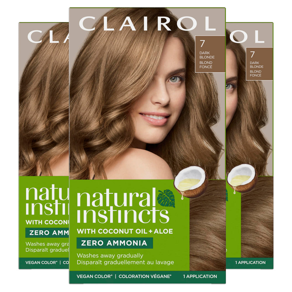 Clairol Natural Instincts 7 Dark Blonde color cream swatch for vibrant, gradual gray coverage