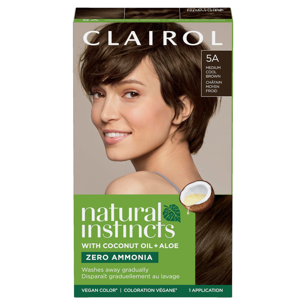 Clairol Natural Instincts box shows 5A Medium Cool Brown for natural-looking color.