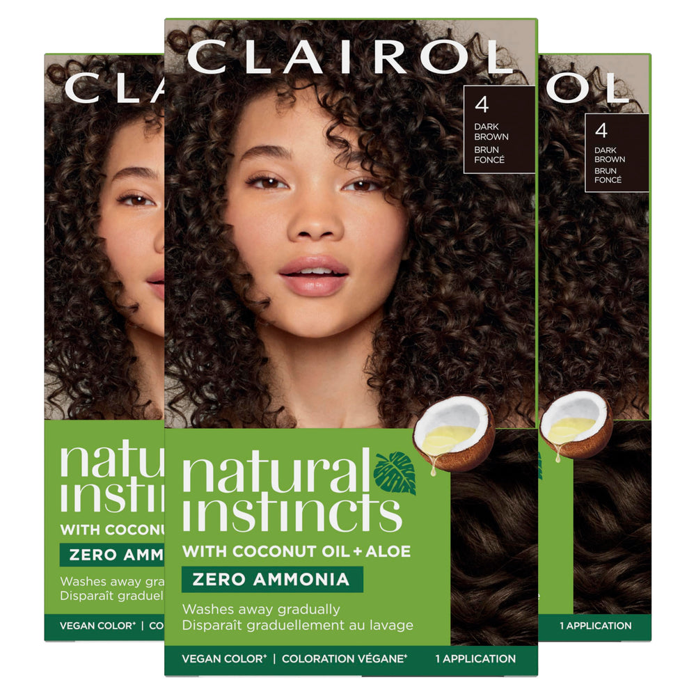 Clairol Natural Instincts Demi-Permanent 4 Dark Brown packaging, complete at-home color kit.
